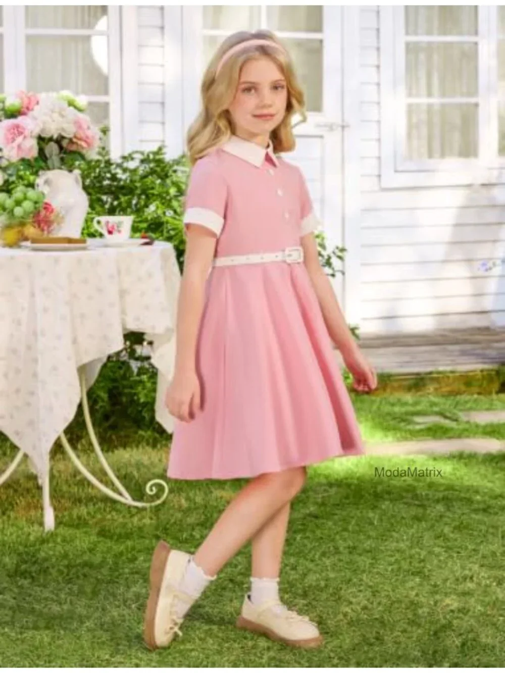 Girls 1950s Vintage Swing Dress with Belt Rockabilly Audrey Hepburn Style Short